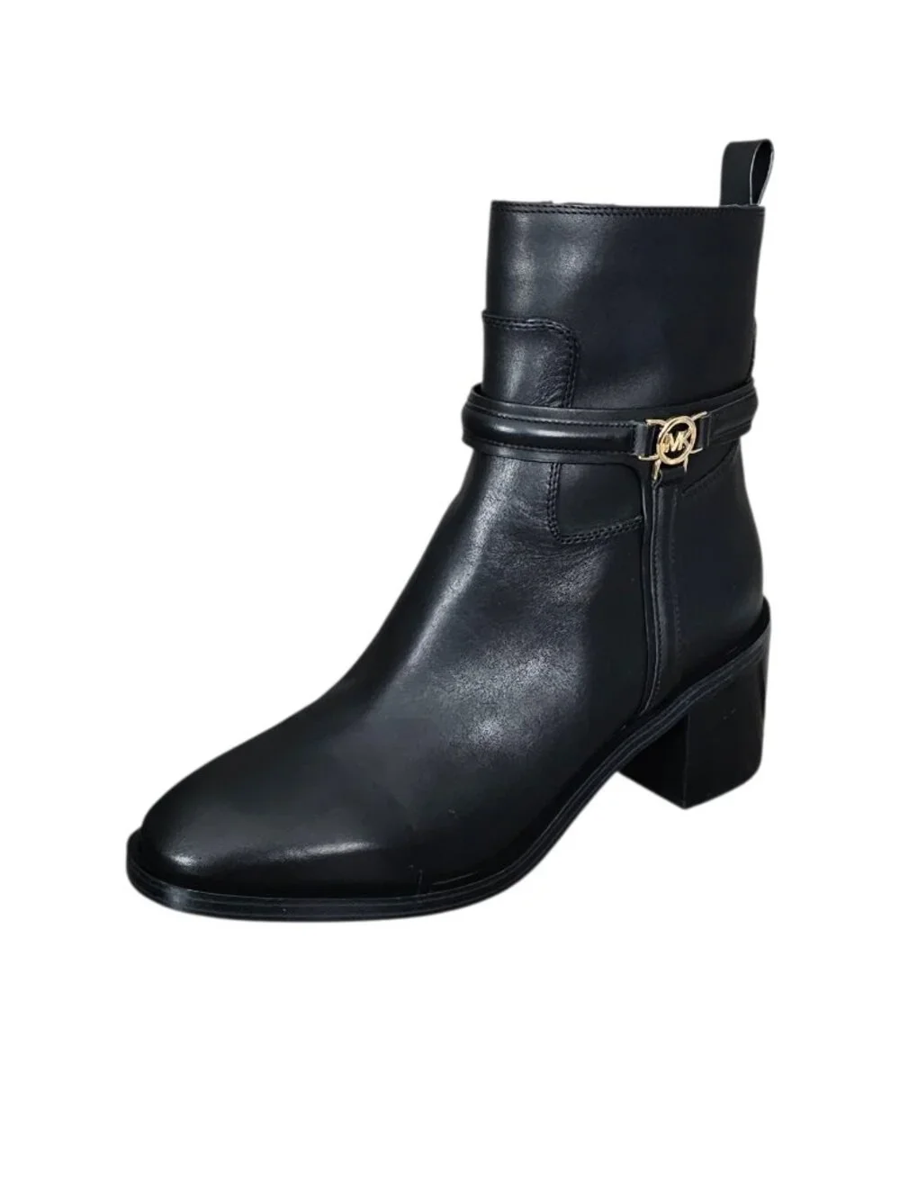 Michael Kors Mindy Black Leather Ankle Bootie Boots Gold MK Block Heel 10 New